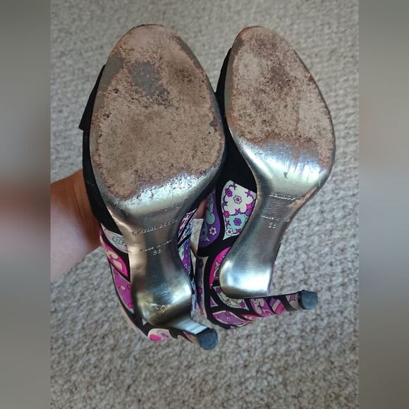 Emilio PUCCI purple floral Suede & silk open toe Stiletto Heels size 37.5 - Picture 14 of 14